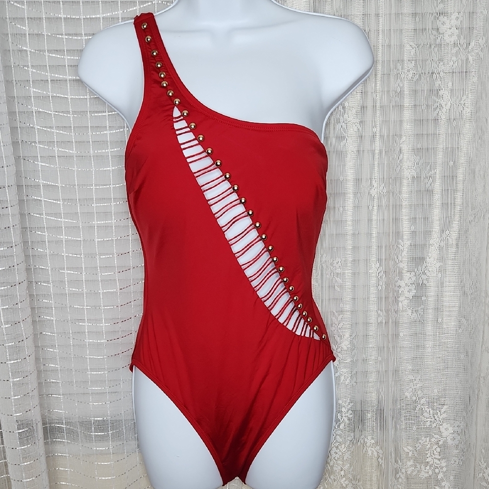 Kenneth Cole Red One Shoulder One Piece Swim Suit W/ Cut Out SzM